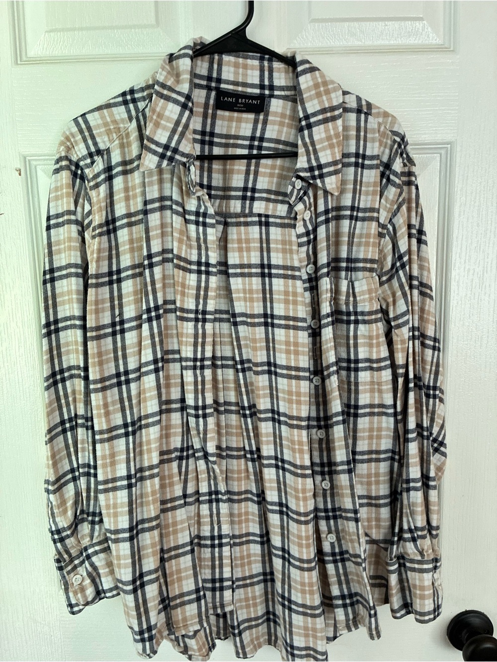 Lane Bryant Plaid Button Front Shirt Size 18/20 Beige Navy Long Sleeve
